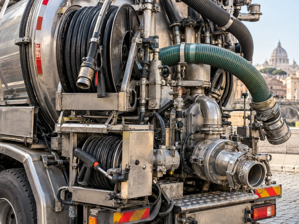 Attrezzature e tubazioni di un mezzo autospurgo
