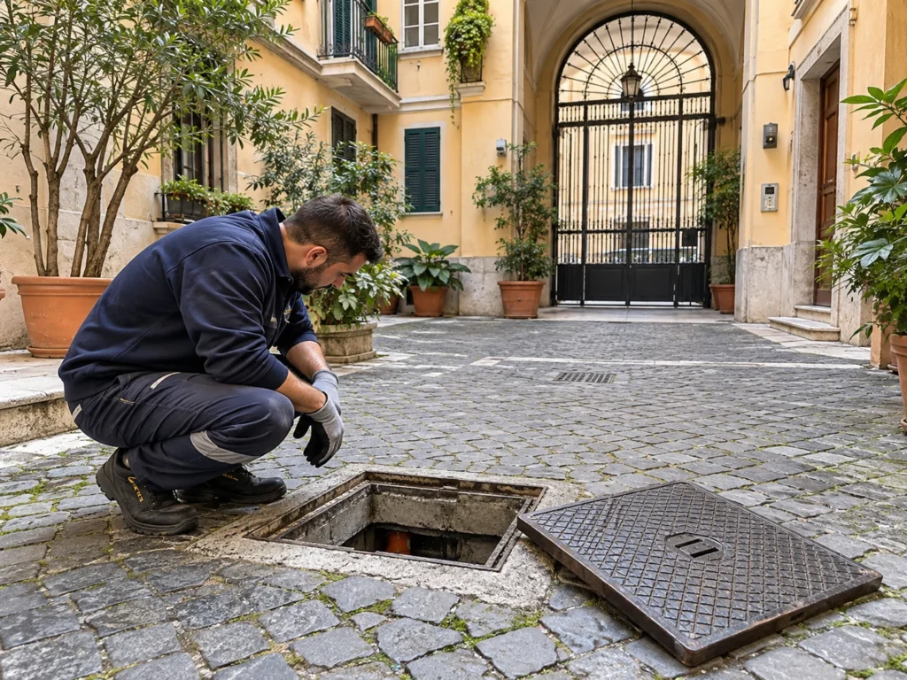 Verifica di un pozzetto nel cortile di un condominio