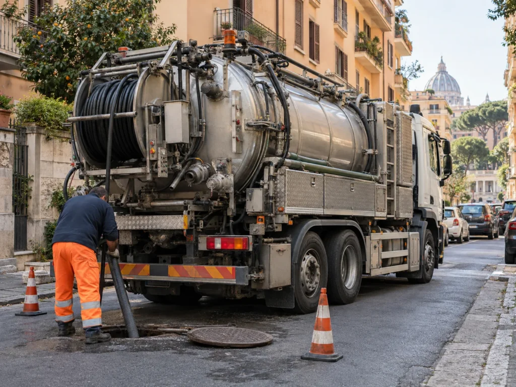 Autospurgo con tubazioni e attrezzatura presso un accesso fognario