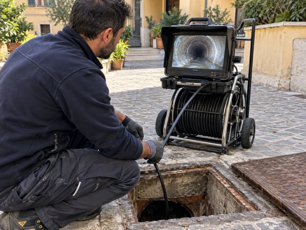 Tecnico impegnato nella videoispezione di una condotta